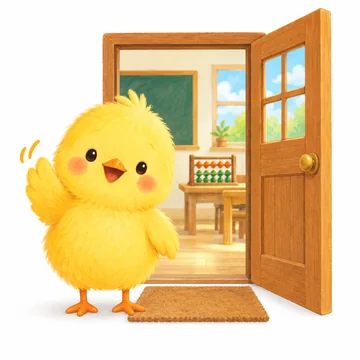 教室の入口で手をふるひよこの絵